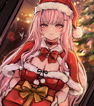 absurdres alternate_costume breasts capelet choker christmas_present cleavage closed_mouth dress fur-trimmed_capelet fur-trimmed_dress fur_trim gift hat highres holding holding_gift hololive hololive_english large_breasts long_hair looking_at_viewer mokiemokki mori_calliope pink_hair red_capelet red_choker red_dress red_eyes red_hat santa_costume virtual_youtuber