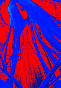 1girl absurdres commentary dress english_commentary flat_chest from_below highres limited_palette long_dress long_hair lughost ringed_eyes scar scar_on_face scar_on_mouth solo the_ring very_long_hair yamamura_sadako