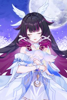 Rule 34 | 1girl, bare shoulders, black hair, closed eyes, colored inner hair, columbina (genshin impact), commentary, cowboy shot, creature, dress, eye mask, facing viewer, flower, full moon, genshin impact, hair ornament, highres, holding, holding creature, long hair, luonnotar (genshin impact), mask, moon, multicolored hair, open mouth, purple hair, rl ka qui, solo, symbol-only commentary, very long hair, white dress, wing hair ornament, wrist bow