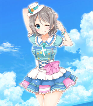 1girl ;p anchor_symbol aqua_necktie arm_behind_head arm_up blue_eyes blush bracelet buttons cloud cloudy_sky cowboy_shot day double-breasted female_focus food frilled_shirt_collar frilled_sleeves frills fruit grey_hair hat hat_ribbon jewelry kimi_no_kokoro_wa_kagayaiteru_kai? looking_at_viewer love_live! love_live!_sunshine!! multicolored_skirt necktie one_eye_closed orange_(fruit) orange_slice outdoors ribbon sakurai_makoto_(custom_size) short_hair short_sleeves skirt sky solo textless_version tongue tongue_out watanabe_you