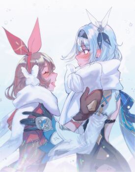 Rule 34 | 2girls, amber (genshin impact), backless outfit, black gloves, blue hair, blush, brown hair, brown mittens, closed eyes, closed mouth, clothing cutout, cold, commentary request, earmuffs, earrings, enpera, eula (genshin impact), facing another, genshin impact, gloves, hair ornament, hair ribbon, hairband, hood, hood down, jewelry, kiegenshin, long hair, long sleeves, looking at another, medium hair, mittens, multiple girls, open mouth, puffy sleeves, rabbit earmuffs, red ribbon, ribbon, scarf, shoulder cutout, smile, snowing, upper body, white scarf, wide sleeves, yuri