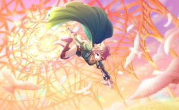 1boy 1girl bird blonde_hair cape commentary_request dove feathers flying game_cg gloves highres looking_at_viewer official_art open_mouth sasuga_chisa smile solo third-party_source weapon world_dai_star