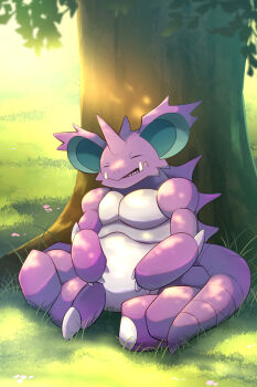 against_tree claws closed_eyes commentary_request day gen_1_pokemon grass highres nidoking nintendo no_humans open_mouth outdoors pokemon pokemon_(creature) pokemon_focus rumine_(yoshi1234567) sleeping solo teeth tree