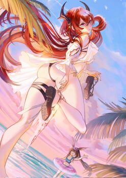 2girls alternate_costume amiya_(arknights) animal_ears arknights ass beach black_horns black_sandals blue_sky brown_hair closed_eyes cloud commentary dutch_angle from_below fuyuumikou hair_between_eyes hair_intakes highres holding holding_sandals horns long_hair looking_at_viewer looking_back looking_down multiple_girls official_alternate_costume open_mouth palm_leaf ponytail purple_eyes rabbit_ears rabbit_girl red_hair sandals sky standing standing_on_one_leg sunset surtr_(arknights) surtr_(colorful_wonderland)_(arknights) swim_ring swimsuit very_long_hair