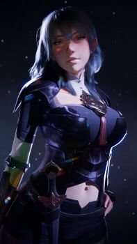 1girl 3d absurdres arm_guards blender_(medium) blue_hair breasts female_byleth_(fire_emblem) cleavage cleavage_cutout clothing_cutout dagger female_focus fire_emblem fire_emblem:_three_houses highres j9006 knife large_breasts looking_at_viewer medium_hair midriff navel navel_cutout nintendo pale_skin parted_lips solo standing upper_body weapon