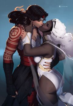 2girls absolute_dc absolute_wonder_woman absurdres amazon_warrior arm_around_another's_back arm_guards arm_tattoo arm_wrap artist_name ass black_hair black_nails breasts cape cleavage closed_eyes commentary curly_hair curvy dark-skinned_female dark_skin dc_comics english_commentary french_kiss headband height_difference highres huge_ass kiss large_breasts leotard long_hair marvel monster_wolf multiple_girls muscular muscular_female red_tattoo see-through_cape see-through_clothes storm_(x-men) superhero_costume tattoo tattoo_sleeve thighs tiara white_hair white_leotard wide_hips wonder_woman_(absolute_dc) x-men yuri