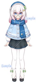 1girl absurdres beret black_shoes black_skirt blue_capelet blue_eyes blue_hat blue_scarf capelet closed_mouth commentary_request commission dot_nose full_body glasses gradient_hair hair_ornament hairclip hat highres leg_warmers light_blush looking_at_viewer mint_hair_ornament multicolored_hair original pantyhose parallel_hairclips pink_hair sample_watermark scarf shoes short_hair sidelocks simple_background skirt smile solo tachi-e tian_yang two-tone_hair watermark watermark_grid white_background white_hair white_leg_warmers white_pantyhose