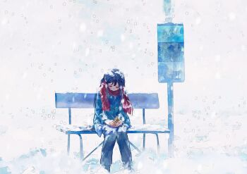 1girl absurdres bench black_coat black_hair black_pants blush brown_gloves bus_stop can closed_eyes coat commentary_request crying facing_down gloves hair_bun highres holding holding_can kumagai_nono long_hair nose_blush on_bench original outdoors pants red_scarf scarf sitting snow snowing solo twitter_username watermark wide_shot winter winter_clothes