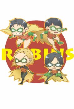 1girl 3boys batman_(series) boots brothers cape chibi dc_comics dick_grayson domino_mask eye_mask gloves highres jason_todd mask multiple_boys robin_(dc) siblings staff stephanie_brown tim_drake time_paradox