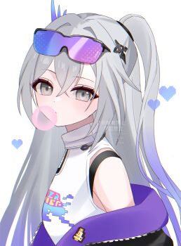 1girl bare_shoulders blowing_bubble_gum chewing_gum commentary_request eyewear_on_head gradient_hair grey_eyes heart highres honkai:_star_rail honkai_(series) jacket jacket_partially_removed kino_(curry_pan) looking_at_viewer multicolored_hair off_shoulder one_side_up purple_hair shirt silver_wolf_(elation)_(honkai:_star_rail) silver_wolf_(honkai:_star_rail) simple_background sleeveless sleeveless_shirt solo sunglasses upper_body white_background white_shirt