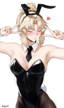 1girl animal_ears black_leotard blonde_hair blush breasts closed_eyes double_v fake_animal_ears fate/grand_order fate_(series) leotard mordred_(fate) pantyhose playboy_bunny ponytail rabbit_ears smile v zealyush