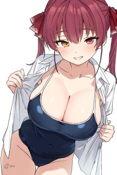 Rule 34 | 1girl, alternate costume, blue one-piece swimsuit, breasts, cleavage, commentary, covered navel, hair between eyes, heterochromia, highres, hololive, houshou marine, ikachan (norach57), large breasts, light blush, long hair, looking at viewer, no eyepatch, one-piece swimsuit, open clothes, open shirt, red eyes, red hair, shirt, simple background, skindentation, smile, solo, swimsuit, thigh gap, twintails, virtual youtuber, white background, white shirt, yellow eyes