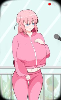 absurdres blue_eyes bocchi_the_rock! breasts covered_erect_nipples embarrassed empty_eyes gotoh_hitori hand_on_own_chest highres interview jacket large_breasts lyz_ya no_bra pants pink_hair pink_track_suit recording thigh_gap time_stop track_pants track_suit