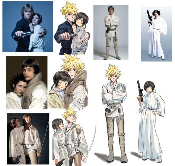 1boy 1girl arm_around_shoulder black_hair black_shirt blonde_hair brown_vest cloud_strife cosplay crossed_arms energy_sword final_fantasy final_fantasy_vii full_body gloves grey_pants gun hand_on_another's_chest headband highres holding holding_gun holding_weapon hug light_blush lightsaber luke_skywalker luke_skywalker_(cosplay) multiple_views open_mouth pants parted_lips princess_leia princess_leia_(cosplay) reference_inset robe shirt short_hair smile spiked_hair standing star_wars sweatdrop sword upper_body vest weapon white_background white_gloves white_robe white_shirt yomyompi yuffie_kisaragi