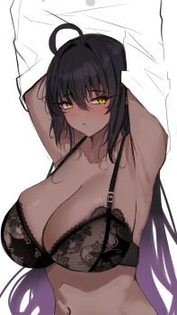 1girl absurdres ahoge armpits arms_up bare_shoulders black_bra black_hair blue_archive blush bra breasts cleavage closed_mouth clothes_lift collarbone commentary dark-skinned_female dark_skin floral_print gradient_hair hair_between_eyes highres karin_(blue_archive) lace lace-trimmed_bra lace_trim large_breasts long_hair looking_at_viewer multicolored_hair navel print_bra purple_hair shirt shirt_lift simple_background solo sonic_(yamada_edpy2737) two-tone_hair underwear undressing upper_body very_long_hair white_background white_shirt yellow_eyes