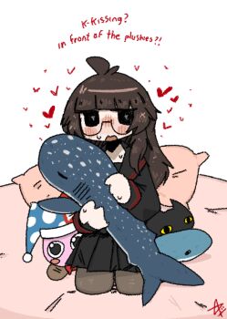1girl absurdres ashenov black_eyes black_pantyhose black_serafuku brown_hair english_text heart highres marx_(kirby) original pantyhose school_uniform serafuku simple_background stuffed_animal stuffed_shark stuffed_toy whale_shark white_background