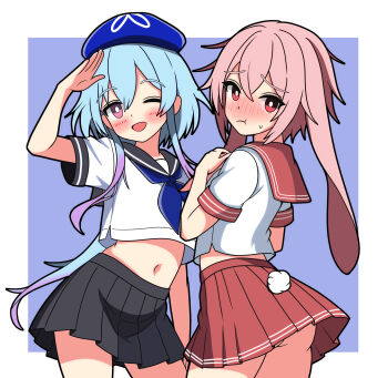 2boys :t ;d absurdres animal_ears ansel_(arknights) arknights ass beret black_sailor_collar black_skirt blue_hair blue_hat blue_neckerchief blush closed_mouth clothing_cutout commentary commentary_request contrapposto cowboy_shot cropped_shirt crossdressing crossdressing_(mtf) from_behind gradient_hair hat hendra highres long_hair looking_at_viewer lop_rabbit_ears male_focus midriff miniskirt mizuki_(arknights) multicolored_hair multiple_boys navel neckerchief nose_blush one_eye_closed open_mouth pink_eyes pink_hair pleated_skirt purple_background purple_hair rabbit_boy rabbit_ears rabbit_tail red_eyes red_sailor_collar red_skirt sailor_collar sailor_shirt salute school_uniform serafuku shirt short_hair short_sleeves simple_background skirt smile sparkle tail tail_through_clothes trap white_shirt