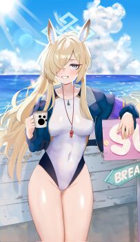 1girl :d animal_ear_fluff animal_ears blonde_hair blue_archive blue_eyes blue_halo blue_jacket blush breasts clothing_cutout coffee_mug commentary_request corrupted_twitter_file covered_navel cowboy_shot cropped_jacket cup day disposable_coffee_cup disposable_cup dog_ears dog_girl extra_ears floating_hair grin groin hair_over_one_eye halo highleg highleg_one-piece_swimsuit highres holding holding_cup impossible_clothes impossible_swimsuit jacket kanna_(blue_archive) kanna_(swimsuit)_(blue_archive) large_breasts long_hair looking_at_viewer mug navel_cutout ocean official_alternate_costume official_alternate_hairstyle one-piece_swimsuit open_mouth outdoors ponytail sidelocks slit_pupils smile steam swimsuit thigh_gap thighs toughman very_long_hair white_one-piece_swimsuit