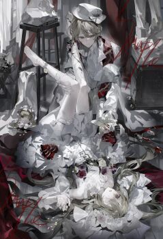 1boy 1girl absurdres bandage_over_one_eye bandaged_leg bandages barefoot belt blonde_hair character_doll commission doll dress flower formal_clothes hair_spread_out hat highres holding holding_another&#039;s_leg holding_flower indoors lace_trim legs_up lily_(flower) long_hair looking_at_another looking_up lying on_back original pale_skin qing_yan_xia red_flower sample_watermark short_hair sitting stool suit very_long_hair watermark white_dress white_hat white_lily white_suit