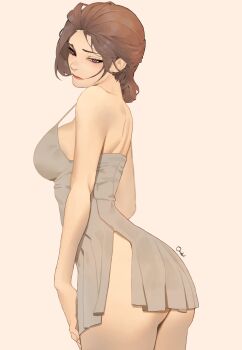 Rule 34 | 1girl, absurdres, ass, breasts, brown hair, closed mouth, dress, eyelashes, grey background, grey dress, highres, large breasts, medium hair, ori dal, original, purple eyes, short dress, side slit, simple background, solo, standing