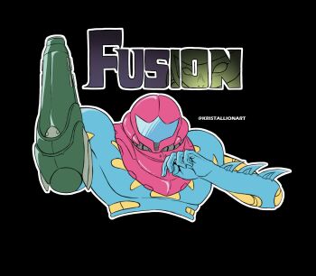 Rule 34 | 1girl, arm cannon, armor, artist name, assault visor, black background, blue visor, commentary request, copyright name, full armor, fusion suit, highres, kristallion, metroid, metroid fusion, multicolored armor, nintendo, outline, power armor, power suit (metroid), sa-x, samus aran, science fiction, simple background, twitter username, weapon, white outline