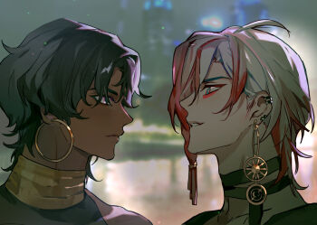 2boys arjuna_(celebratory_attire)_(fate) black_eyes black_hair blue_eyes brothers dark-skinned_male dark_skin earrings eyeshadow eyeshadow_under_eye face-to-face fate/grand_order fate_(series) gradient_hair highres hoop_earrings jewelry karna_(celebratory_attire)_(fate) kuruchili looking_at_another makeup male_focus multicolored_hair multiple_boys multiple_earrings necklace open_mouth pale_skin portrait profile red_eyeshadow red_hair siblings smile solo wavy_hair white_hair