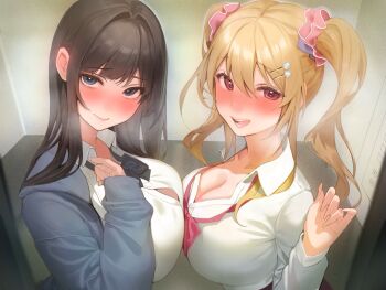 Rule 34 | 2girls, black bow, black bowtie, black hair, black jacket, blonde hair, blue eyes, blush, bow, bowtie, breast press, breasts, cleavage, closed mouth, collarbone, collared shirt, commentary request, elevator, hair between eyes, hair ornament, hair scrunchie, hairclip, highres, indoors, inushima, jacket, large breasts, long hair, multiple girls, open mouth, original, pink scrunchie, purple eyes, red bow, red bowtie, scrunchie, shirt, sidelocks, steam, twintails, upper body, white shirt