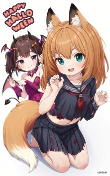 2girls :d animal_ear_fluff animal_ears aqua_eyes artist_name barefoot black_sailor_collar black_serafuku black_shirt black_skirt blood blood_stain breasts brown_hair carrot_(comodox) claw_pose closed_mouth commentary comodox covered_navel demon_horns demon_tail demon_wings detached_collar english_commentary fang fox_ears fox_tail hands_up happy_halloween head_wings highres horns leotard long_hair long_sleeves looking_at_viewer midriff miniskirt multiple_girls navel neckerchief open_mouth original penetration_gesture pink_leotard pleated_skirt purple_eyes red_neckerchief sailor_collar school_uniform seiza serafuku shirt short_hair simple_background sitting skin_fang skirt small_breasts smile sol_(comodox) strapless strapless_leotard tail toes torn_clothes torn_shirt torn_skirt twintails white_background wings