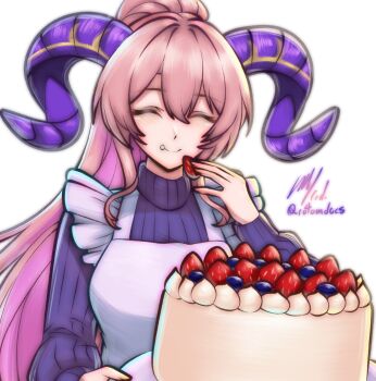 1girl apron breasts cake closed_eyes closed_mouth commentary english_commentary fire_emblem fire_emblem_heroes food food_on_face fruit goat_horns high_ponytail highres horns large_breasts large_horns nerthuz_(fire_emblem) nintendo pink_hair ponytail purple_horns purple_sweater ribbed_sweater rotomdocs simple_background smile solo strawberry sweater turtleneck turtleneck_sweater upper_body white_apron white_background