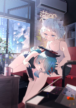 2girls absurdres air_conditioner animal_ear_fluff animal_ears blue_eyes blue_hair blunt_bangs blush book bow box braid breasts camisole cardboard_box cat_ears cat_girl character_request check_copyright cleavage commentary_request copyright_request couch cup desk facing_viewer hair_bow hand_on_another's_head handheld_game_console highres hoji_(hooooooooji1029) holding holding_handheld_game_console indoors kamitsubaki_studio long_hair lying_on_lap mouse_(animal) mug multiple_girls neon_lights nintendo_switch playing_games playing_video_games ponytail red_bow short_hair shorts sidelocks sinsekai_record sitting small_breasts valis_(sinsekai) white_hair window