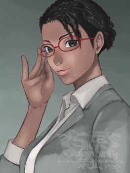 1girl 5tatsu adjusting_eyewear artist_name black_hair breasts closed_mouth collared_shirt commentary_request curly_hair dark-skinned_female dark_skin glasses grey_background grey_eyes grey_jacket highres ingrid_hunnigan jacket light_smile looking_at_viewer medium_breasts pink_lips resident_evil resident_evil_4 resident_evil_4_(remake) shirt short_hair solo suit_jacket upper_body white_shirt