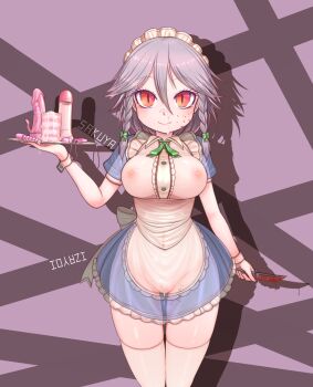 1girl after_vaginal aftersex apron artificial_vagina blood blood_on_face bloody_knife blue_dress blush bow braid closed_mouth commentary_request covered_erect_nipples cowboy_shot cum cum_overflow cumdrip dildo dress egg_vibrator empty_eyes female_pubic_hair frilled_apron frilled_dress frills green_bow grey_hair grey_pubic_hair hair_between_eyes hair_bow harunoha highres izayoi_sakuya knife looking_at_viewer lotion_bottle maid_headdress medium_hair nipples orange_eyes pubic_hair puffy_short_sleeves puffy_sleeves pussy see-through_clothes see-through_dress sex_toy short_sleeves slit_pupils smile solo tally thighhighs throwing_knife touhou tray twin_braids vibrator weapon white_apron white_thighhighs