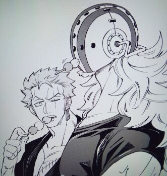 Rule 34 | 2boys, chabo (niwatori bosori), commentary request, dango, earrings, eating, facial hair, food, goatee, greyscale, hockey mask, jewelry, killer (one piece), long hair, looking at another, male focus, mask, monochrome, multiple boys, one piece, roronoa zoro, short hair, stitched torso, stitches, upper body, wagashi