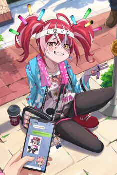absurdres ahoge airani_iofifteen black_nails black_pantyhose black_shorts cellphone glowstick grin happi heterochromia highres hololive hololive_indonesia itabag japanese_clothes jewelry kureiji_ollie kureiji_ollie_(holo-wota_happi) ludwigtk on_floor pantyhose phone pov pov_hands red_hair ring shorts sitting smartphone smile stitched_face stitches symbol-shaped_pupils towel towel_around_neck twintails typo v virtual_youtuber