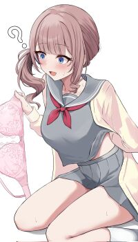 1girl :d ? arm_behind_back asymmetrical_sidelocks blue_eyes blunt_bangs blush bra breasts brown_hair cardigan commentary_request corrupted_twitter_file feet_out_of_frame grey_sailor_collar grey_serafuku grey_shirt grey_skirt hand_up highres holding holding_bra holding_underwear holding_unworn_clothes kneehighs kunizaki large_breasts long_hair long_sleeves looking_at_object miniskirt miyamasuzaka_girls'_academy_school_uniform mochizuki_honami neckerchief open_cardigan open_clothes open_mouth pink_bra pleated_skirt project_sekai red_neckerchief sailor_collar school_uniform serafuku shirt side_ponytail sidelocks simple_background sitting skirt smile socks solo sweat thighs underwear unworn_bra wariza white_background yellow_cardigan