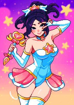 1girl animated animated_gif artist_self-insert aseprite_(medium) bare_shoulders black_eyes blush bouncing_breasts breasts choker collarbone commentary cowboy_shot elbow_gloves english_commentary fingerless_gloves gloves high_ponytail holding large_breasts league_of_legends leotard long_hair looking_at_viewer parted_lips pixel_art ponytail purple_hair smile solo star_(symbol) star_guardian_(league_of_legends) strapless strapless_leotard thighhighs v v_over_eye white_gloves white_leotard white_thighhighs yumykon yumykon_(yumykon) yumyverse