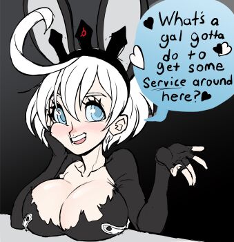 blue_eyes breasts cleavage elphelt_valentine fingerless_gloves gloves guilty_gear hand_on_own_face heart highres large_breasts rabbit_ears short_hair speech_bubble teevo tiara white_hair