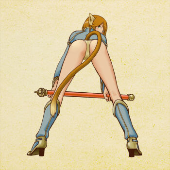 Rule 34 | 1girl, alphabet, animal ears, ass, bad id, bad pixiv id, blue eyes, brown hair, female focus, gender request, genderswap, journey to the west, letter pose, monkey ears, monkey tail, panties, polearm, short hair, solo, staff, sun wukong, tail, underwear, weapon, yuuhei