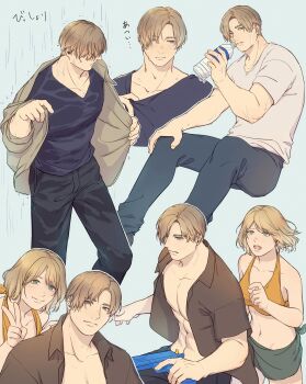 1boy 1girl abs absurdres ashley_graham bare_arms bare_shoulders bikini black_pants blonde_hair blue_background blue_eyes blue_shirt bottle breasts brown_shirt closed_mouth collared_shirt commentary_request dbox_2525 drinking green_eyes green_skirt grey_jacket gun hair_between_eyes hair_over_eyes highres holding holding_bottle holding_gun holding_water_gun holding_weapon jacket leon_s._kennedy light_blush light_smile medium_breasts midriff navel open_clothes open_shirt orange_bikini pants parted_bangs pectorals rain resident_evil resident_evil_4 shirt short_hair sitting skirt swimsuit t-shirt v water_bottle water_gun weapon wet white_shirt