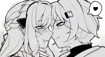 Rule 34 | 2girls, belle (zenless zone zero), blush, braid, commentary, ear blush, eye contact, greyscale, half up braid, hand on another's chin, heart, highres, long hair, looking at another, monochrome, multiple girls, phaethonchan, pointy ears, saliva, short hair, smile, spoken heart, untranslatable commentary, upper body, vivian banshee, yuri, zenless zone zero