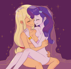 Rule 34 | 2girls, applejack, blonde hair, blush, breasts, closed eyes, colored skin, couple, haibaratomoe, happy, highres, multiple girls, my little pony, my little pony: friendship is magic, nude, purple hair, rarity (my little pony), sitting, sitting on person, smile, white skin, yellow skin, yuri