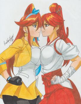 2girls ace_attorney artist_name athena_cykes bandaged_arm bandages blue_eyes breast_press capcom earrings gloves hair_ornament hair_ribbon hairpin hakama highres jacket japanese_clothes jewelry long_hair long_sleeves miko multiple_girls necktie orange_eyes orange_hair pantyhose parody ravernclouk_design red_hakama ribbon sakura_taisen sega shin_sakura_taisen shinonome_hatsuho side_ponytail sidelocks skirt sleeves_rolled_up smile suit_jacket swept_bangs tasuki