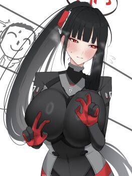 1boy 1girl black_bodysuit black_hair black_halo blue_archive blunt_bangs blush bodysuit breasts bright_pupils closed_mouth commentary_request covered_navel cowboy_shot doodle_sensei_(blue_archive) double_v flying_sweatdrops hair_ornament halo hand_on_own_chin highres impossible_bodysuit impossible_clothes large_breasts latex latex_bodysuit long_hair looking_to_the_side multicolored_halo nagomu_7_56 newtype_flash official_alternate_costume official_alternate_hairstyle ponytail red_eyes ringed_eyes rio_(blue_archive) rio_(bodysuit)_(blue_archive) sensei_(blue_archive) sidelocks skin_tight solo_focus standing steam stroking_own_chin sweat twitter_username two-tone_halo v very_long_hair white_background white_pupils