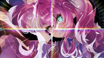 1girl bow green_eyes hand_up highres honkai:_star_rail honkai_(series) hyacine_(honkai:_star_rail) long_hair long_sleeves looking_at_viewer multicolored_eyes oekakidekinai1 pink_eyes pink_hair smile split_screen split_theme twintails
