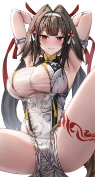 1girl absurdres arm_behind_head armpits arms_behind_head arms_up blush breasts brown_hair chien_zero china_dress chinese_clothes closed_mouth commentary dress hair_intakes hair_ornament hair_spread_out hairband highres impossible_clothes large_breasts leg_tattoo long_hair looking_at_viewer pelvic_curtain red_eyes revision see-through_cleavage see-through_clothes simple_background smile solo spread_legs tassel tattoo thighs very_long_hair white_background white_hairband ye_shunguang zenless_zone_zero