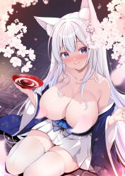 Rule 34 | 1girl, absurdres, alcohol, animal ear fluff, animal ears, azur lane, blue shirt, blush, breasts, cherry blossoms, cleavage, closed mouth, commentary request, cup, fox ears, hanami, highres, japanese clothes, large breasts, long hair, looking at viewer, origami aya, petal censor, pleated skirt, purple eyes, sakazuki, sake, shinano (azur lane), shirt, sidelocks, skirt, smile, solo, thighhighs, very long hair, white hair, white skirt, white thighhighs, wide sleeves
