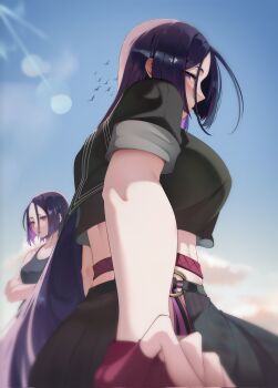 bikini breasts eyepatch_bikini fate/grand_order fate/samurai_remnant fate_(series) highres huge_breasts kishimen_hair long_hair looking_at_viewer looking_down low-tied_long_hair mature_female minamoto_no_raikou_(fate) minamoto_no_raikou_(fate/grand_order) minamoto_no_raikou_(first_ascension)_(fate) minamoto_no_raikou_(swimsuit_lancer)_(fate) parted_bangs purple_eyes purple_hair school_swimsuit school_uniform slob_slime swimsuit ushi_gozen_(avenger)_(fate) ushi_gozen_(fate) very_long_hair