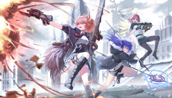 3girls absurdres arknights battle black_gloves black_jacket black_pantyhose black_shorts blue_eyes blue_hair cityscape collared_shirt demon_horns detached_wings exusiai_(arknights) fiammetta_(arknights) fingerless_gloves fur_trim gloves gun halo high-waist_skirt highres holding holding_gun holding_staff holding_weapon hood hooded_jacket horns jacket jhini kriss_vector leg_ribbon long_hair long_sleeves looking_at_viewer mostima_(arknights) multiple_girls necktie open_clothes open_jacket open_mouth pantyhose red_eyes red_hair red_necktie ribbon shirt short_hair shorts skirt smile staff submachine_gun weapon white_shirt wings