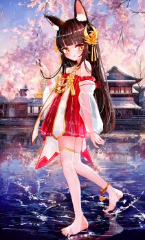 Rule 34 | 1girl, a1u, absurdres, animal ear fluff, animal ears, azur lane, bird hair ornament, black hair, cherry blossoms, commentary, detached sleeves, dress, fox ears, fox girl, hair ornament, highres, jewelry, long hair, looking at viewer, manjuu (azur lane), nagato (azur lane), no shoes, open mouth, pleated dress, red dress, short dress, solo, stirrup legwear, strapless, strapless dress, thighhighs, toeless legwear, very long veil, walking, white sleeves, white thighhighs