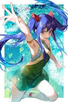 Rule 34 | 1girl, anklet, arm up, armlet, armpits, artist name, bare legs, blue hair, border, brown eyes, dated, dress, fairy tail, green dress, highres, jewelry, knee up, long hair, looking at viewer, open mouth, outside border, outstretched arms, outstretched hand, sandals, short dress, sidelocks, solo, very long hair, wendy marvell, white border, xuchuan